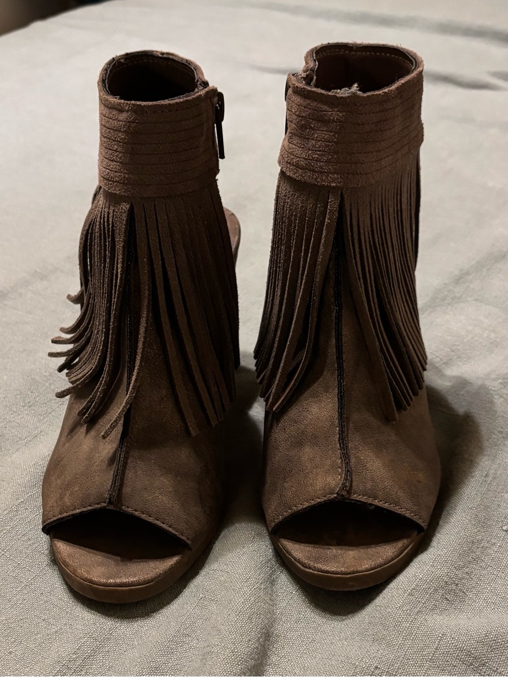 Valera Brown Suede Peep-Toe Ankle Booties - Women's Fashion